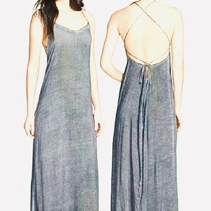 Leith Gray Maxi Slip Dress Lace Up Tie Back Chambray Worn In Womens Size S Boho